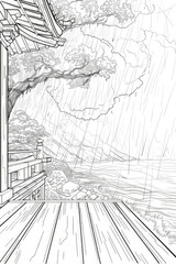 Black and white drawing depicting a rainy day with falling raindrops, puddles, and people holding umbrellas