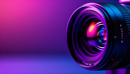 Fototapeta na wymiar black camera lens in purple neon purple background