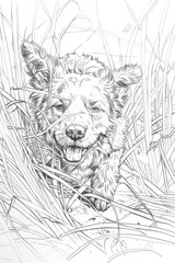 Simplistic drawing of dog sitting in tall grass, capturing serene moment in nature