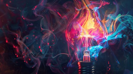 Colorful glowing light bulb lamp, visualization of brainstorming, bright idea and creative thinking and imagination, finding solution concept background - obrazy, fototapety, plakaty
