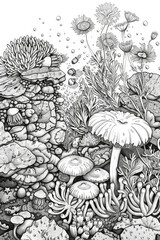 A detailed monochrome drawing featuring rocks entwined with various types of plants, showcasing a rugged and natural scenery