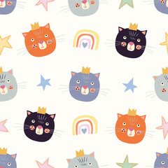 Childish seamless pattern with colorful cats, stars and rainbows, kids wallpaper, decorative background - obrazy, fototapety, plakaty
