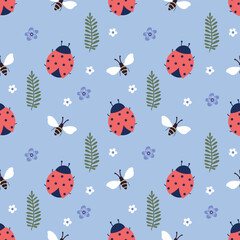 Spring and summer seamless pattern, simple design with ladybirds, insect, plants, decorative wallpaper - obrazy, fototapety, plakaty