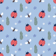 Keuken spatwand met foto Spring and summer seamless pattern, simple design with ladybirds, insect, plants, decorative wallpaper © lilett