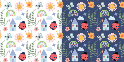 Spring summer seamless patterns set with ladybird and seasonal elements, decorative wallpaper