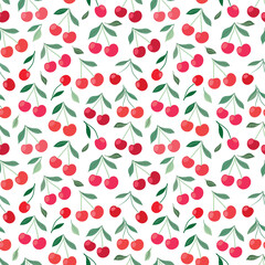Summer seamless pattern with cherries, white background, vector
