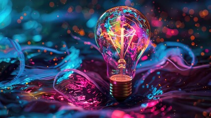 Colorful glowing light bulb lamp, visualization of brainstorming, bright idea and creative thinking and imagination, finding solution concept background