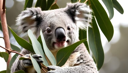 A Koala Munching On Fresh Eucalyptus Leaves - obrazy, fototapety, plakaty