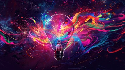Colorful glowing light bulb lamp, visualization of brainstorming, bright idea and creative thinking and imagination, finding solution concept background - obrazy, fototapety, plakaty