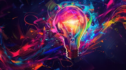 Colorful glowing light bulb lamp, visualization of brainstorming, bright idea and creative thinking and imagination, finding solution concept background - 773026376