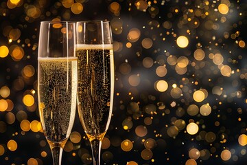 Pair of elegant champagne glasses with bubbles, celebration concept photo