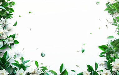 White background, green leaves and white flowers flying in the air, simple composition