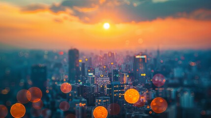 Warm summer sunset glow over urban skyline - golden hour cityscape with blurry rooftop views and bokeh lights for evening celebrations