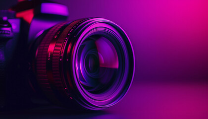 black camera lens in purple neon purple background - obrazy, fototapety, plakaty