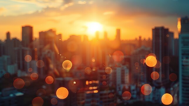 Warm summer sunset glow over urban skyline - golden hour cityscape with blurry rooftop views and bokeh lights for evening celebrations