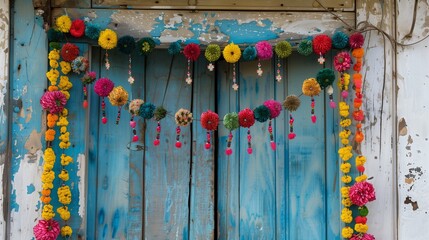 : Colorful Eid decorations adorn a doorway, welcoming friends and family to celebrate together. 