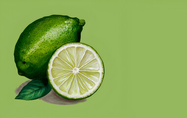 Watercolor illustration of a ripe juicy lime and a slice of lime a piece of tropical fruit, generative ai