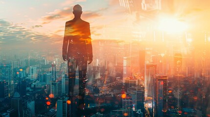 Fototapeta premium Businessman contemplating future prospects at dawn: a double exposure visual blending urban skyline and sunrise