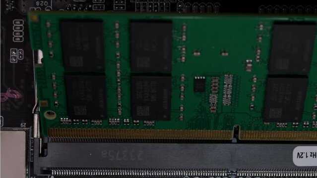 RAM DDR4 Sodimm Installation in PC with Connector on Motherboard Background. High quality photo