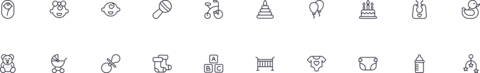 Childhood thin line icons set. Simple linear illustrations that suitable for apps, infographics, books, online shops and stores
