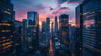 Sunset silhouettes: majestic urban skyline and soaring skyscrapers reflecting the vibrant economic...