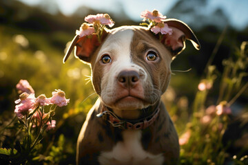 A heart-melting white puppy with brown spots, wearing a pink flower crown, giving a cute tilt of its head against a calming green background.