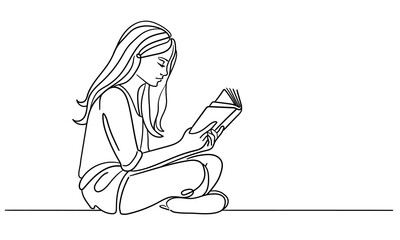 Teenage girl reading a book sitting on the floor continuous line art drawing isolated on white background. Recreation and hobbies. Vector illustration