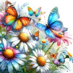 bright colorful tropical butterflies on beautiful daisy flowers painted in watercolor style