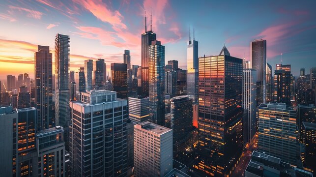 Sunset silhouettes: majestic urban skyline and soaring skyscrapers reflecting the vibrant economic pulse and architectural grandeur of the city
