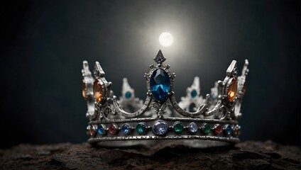 A radiant crown forged from mythical silver, each point shimmering with a different gemstone, under the full moon's light Generative AI - obrazy, fototapety, plakaty