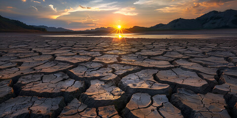 Desert landscape with cracked earth at sunset.
 - obrazy, fototapety, plakaty
