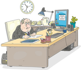Angry official sitting at his desk and working with documents in an office with a computer, special telephones and many other things of a functionary, vector cartoon illustration on white