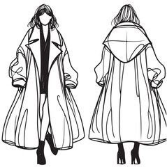 vector fashion woman line art illustration. Girl in wide coat