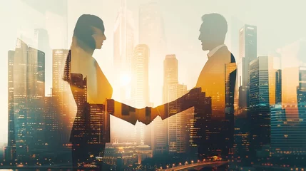 Foto op Aluminium Two business people, a man and a woman, double exposure, scene shaking hands and discussing business cooperation in front of city office building, successful cooperation in business deal, corporate te © Da