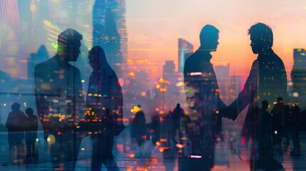 Double exposure, scene of some business people shaking hands and discussing business cooperation in front of city office building at dusk, successful cooperation in business deal, corporate teamwork, 