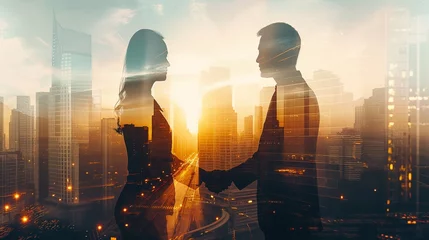 Foto op Plexiglas Two business people, a man and a woman, double exposure, scene shaking hands and discussing business cooperation in front of city office building, successful cooperation in business deal, corporate te © Da