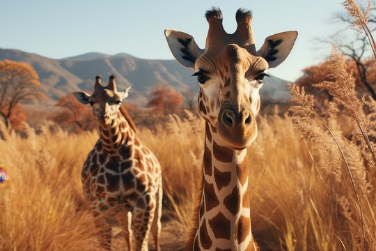 Majestic giraffes in the african savannah, symbolizing diverse wildlife in vast landscapes