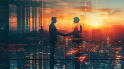 Double exposure image of two successful men businessmen shaking hands with cityscape, close shot of handshake, business, agreement and cooperation concept, city slippery, business, negotiation success - obrazy, fototapety, plakaty