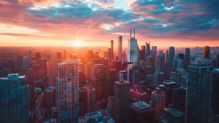 Obraz premium Sunset silhouettes: majestic urban skyline and soaring skyscrapers reflecting the vibrant economic pulse and architectural grandeur of the city
