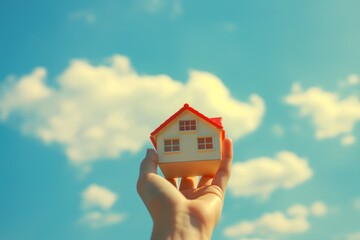 A person's hand holding a miniature house against a blue sky background