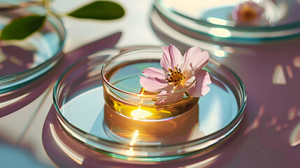 Face serum, oil, beauty product and flower in Petri dish. Natural medicine, bio research concept