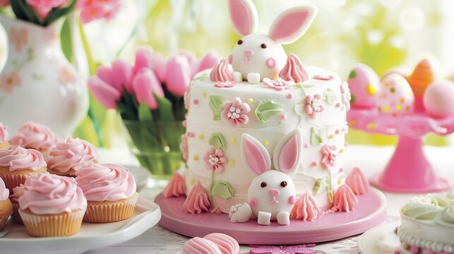 Easter-themed desserts, including bunny-shaped cookies and decorated cakes, create a sweet celebration centerpiece.