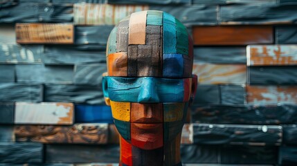Multicolored wooden head sculpture representing cultural diversity and inclusion