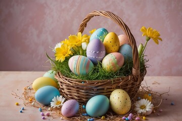 Easter day, Bountiful Basket of Pastel Eggs and Spring Flowers Overflowing
