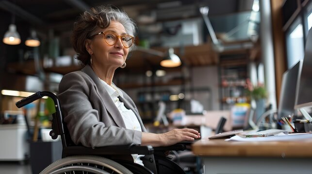 Inclusive workplace environment: experienced senior Businesswoman with disability leading team from wheelchair