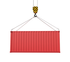 3d rendering of closed red cargo container suspended from crane, isolated on white background.