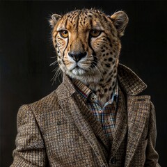 Portrait of a leopard in a suit on a dark background