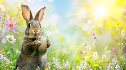 Easter bunny rabbit holding an easter egg in his paws on fresh meadow with spring flowers