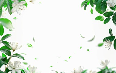 Fototapeta premium White background, green leaves and white flowers flying in the air, simple composition