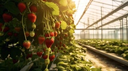 Ripening hydroponic grown strawberries on the plants in a large and modern specialized horticultural